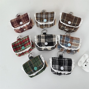 Close-up of knit plaid earphone cases with lace trim and metal clip hooks