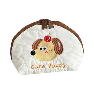 Quilted makeup bag with heart pattern and cute puppy embroidery for travel