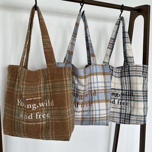 Retro Plaid Woolen Tote Bag Large Capacity Zipper Shoulder Bag Fashion Letter Embroidery For Women Casual Commuter