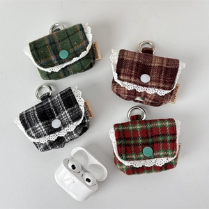 Close-up of four plaid fabric earphone cases with white lace trim and metal clip hooks