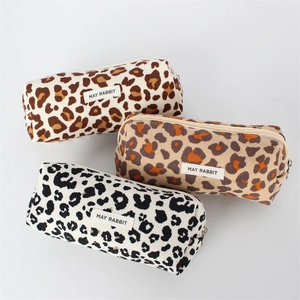 Three-color leopard print canvas pouches with brand logo and zipper for makeup or pens