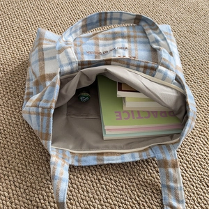 Retro plaid wool tote bag with embroidered letters and large capacity for daily commuting