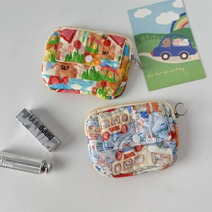 Detailed view of quilted cotton coin purses with floral patterns and snap closures