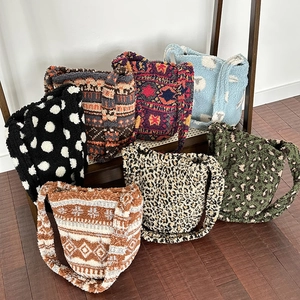 Women Plush Bucket Bag Faux Fur Leopard Polka Dot Ethnic Print Large Capacity Retro Casual Shoulder Crossbody Tote Magnetic Buckle