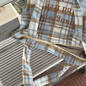 Retro blue and brown plaid wool tote bag with embroidered letters and zipper closure