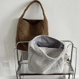 Large plush wool bucket tote bag in brown and grey for autumn winter commuting