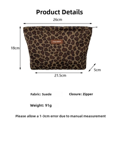 Detail view of leopard print suede makeup bag with size dimensions and zipper design