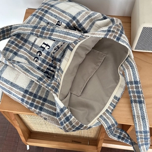 Vintage wool plaid tote bag with embroidered letters and secure zipper closure