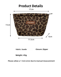 Suede makeup bag size chart showing leopard print texture and precise dimensions