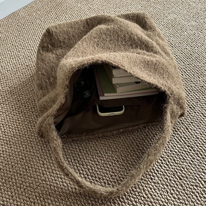 Brown wool-like texture tote bag with spacious interior for books and daily essentials