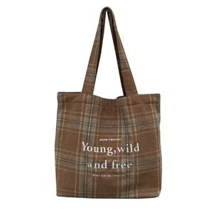 Vintage brown plaid tote bag with embroidered Young Wild and Free text on high quality fabric