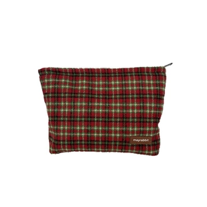 Grande trousse à maquillage à carreaux rétro en laine avec logo en cuir élégant
