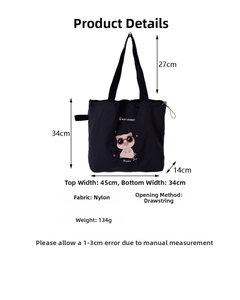 Especificaciones de tamaño detalladas del bolso tote de nailon negro con dibujo