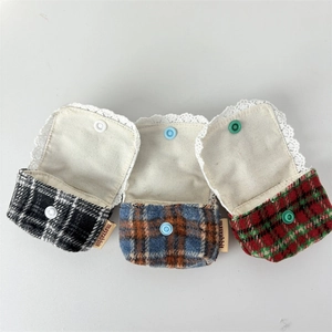 Set of 3 mini plaid earphone cases with lace trim and snap closure for portable storage