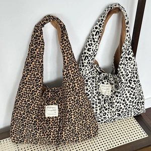 Leopard Print Reversible Tote Bag Large Capacity Faux Suede Shoulder Bag Retro Casual Handbag For Women