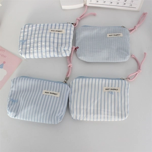 Blue and white striped portable cotton mini coin purse set with pink braided zippers