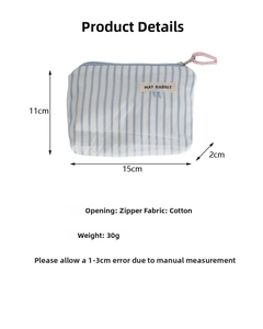 Blue striped cotton coin pouch showing dimensions 15x11x2cm with pink zipper cord