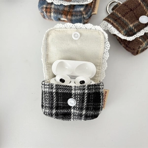 Close-up of knitted tweed earphone case with delicate lace trim and button closure