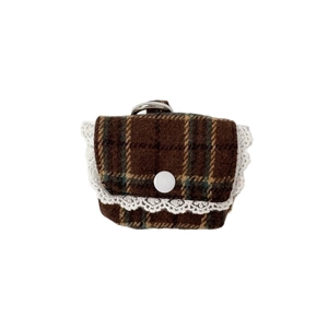 Vintage brown plaid mini earphone case with lace trim and silver metal clip