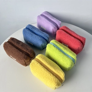 Plush teddy fleece large capacity pencil cases in six vibrant colors on white stage