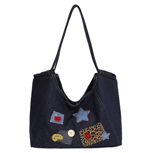 Vintage dark blue denim tote bag with colorful patchwork patches and high capacity
