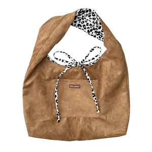 Retro brown corduroy tote bag with leopard print lining and drawstring closure