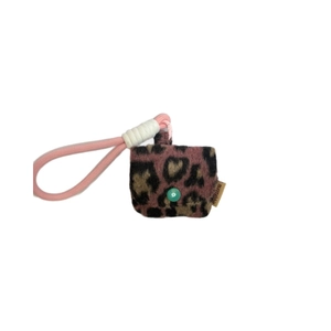 Pink leopard print plush wireless earphone case with green button and lanyard strap