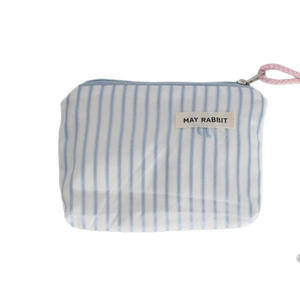 Blue and white striped canvas pouch with May Rabbit label and pink zipper pull