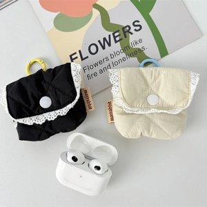 Quilted floral earbud pouch with lace trim and metal hook for wireless earphones