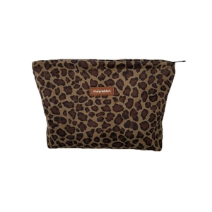 Large leopard print faux suede makeup bag with brown brand patch and black zipper