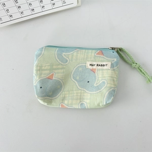 Detail of mini canvas pouch with blue elephant print and green checkered pattern