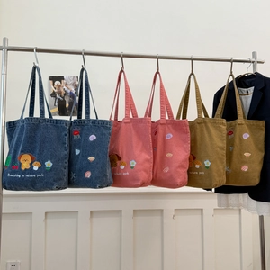 Women Denim Canvas Tote Bag Cute Cartoon Dog Sea Life Embroidery Large Capacity Casual Shoulder Handbag Retro