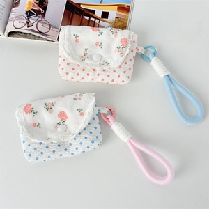 Floral and polka dot fabric mini pouch for earphones with lace trim and braided lanyard
