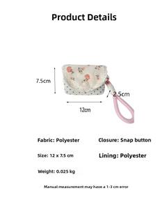 Floral pouch detail showing dimensions 12x7.5x2.5cm and polyester material specs