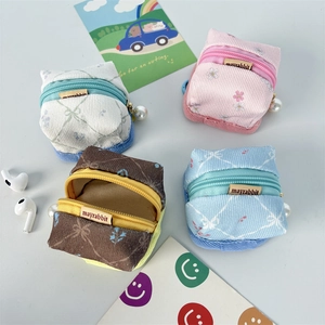Mini Corduroy Earphone Storage Bag Floral Print Coin Purse With Artificial Pearl Pendant Portable Zipper Pouch Small Jewelry Case