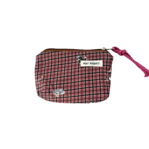 Mini red and black plaid canvas storage pouch with cute rabbit cartoon and zipper