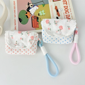 Floral print fabric storage pouches with wrist straps for earphones and small items