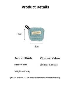 Detail view of the 9x8cm light blue plush earphone pouch with Velcro closure dimensions