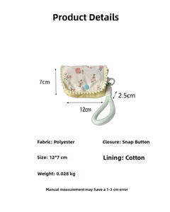 Detailed view of floral mini pouch specs, 12x7cm size with polyester cotton fabric