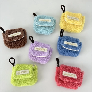 Detailed grid of colorful plush lamb wool earphone cases with labels and lanyards