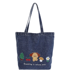 Deep blue denim tote bag featuring cute cartoon dog embroidery and nature park text