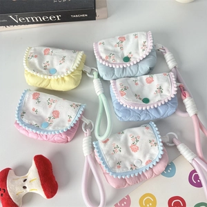 Mini Floral Quilted Coin Purse Small Fabric Storage Bag With Pom Pom Trim And Lanyard Cute Earphone Case For Girls