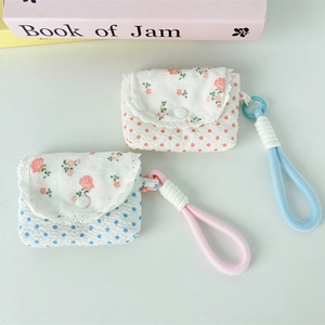 Mini Earphone Storage Bag Floral Polka Dot Polyester Pouch With Lace Trim And Lanyard For Women Cute Portable Coin Purse