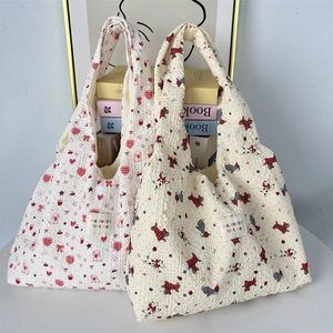 Borsa A Spalla In Tessuto A Bolle Con Dolce Stampa A Cartoni Capiente Borsa Tote Quotidiana Casual In Seersucker Morbido Per Donna