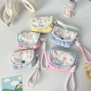 Close-up of floral quilted pouches with colorful buttons and thick cotton lanyards