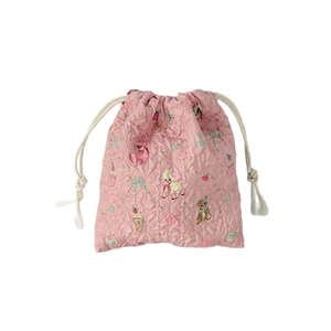 Pink quilted drawstring storage bag with cute cartoon bear and bunny patterns