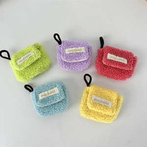 Colorful plush teddy fleece earphone case storage bags in five bright pastel colors