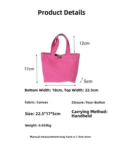 Pink canvas tote bag size guide showing 22.5x17x5cm dimensions with button closure
