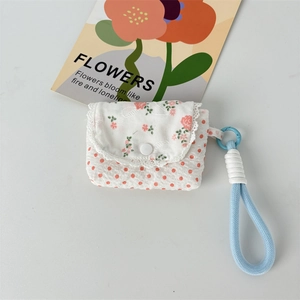 Floral patchwork small storage pouch with lace trim and blue lanyard for accessories