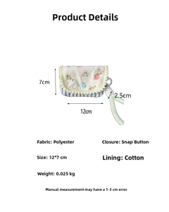 Detail showing polyester floral fabric bag with blue snap button and dimensions of 12x7cm